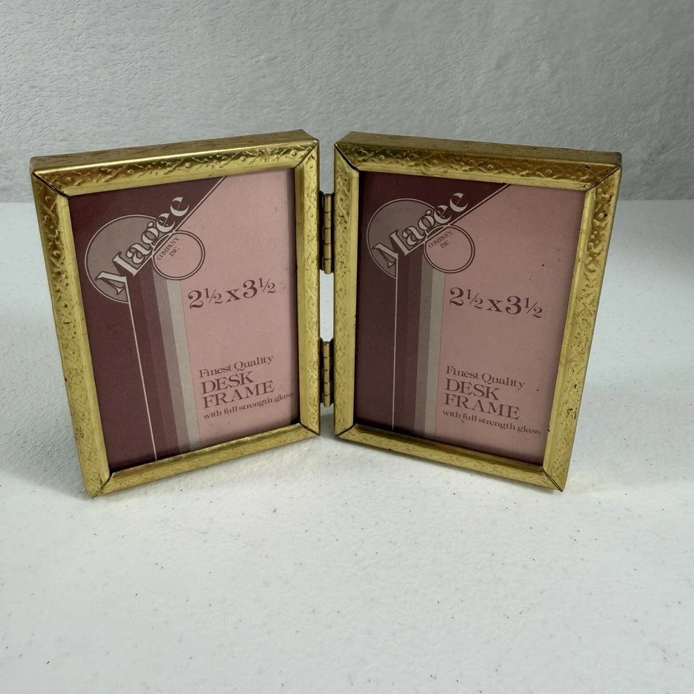 Vintage Magee Folding Brass Ornate Standing Double Picture Photo Frame 2.5 X 3.5